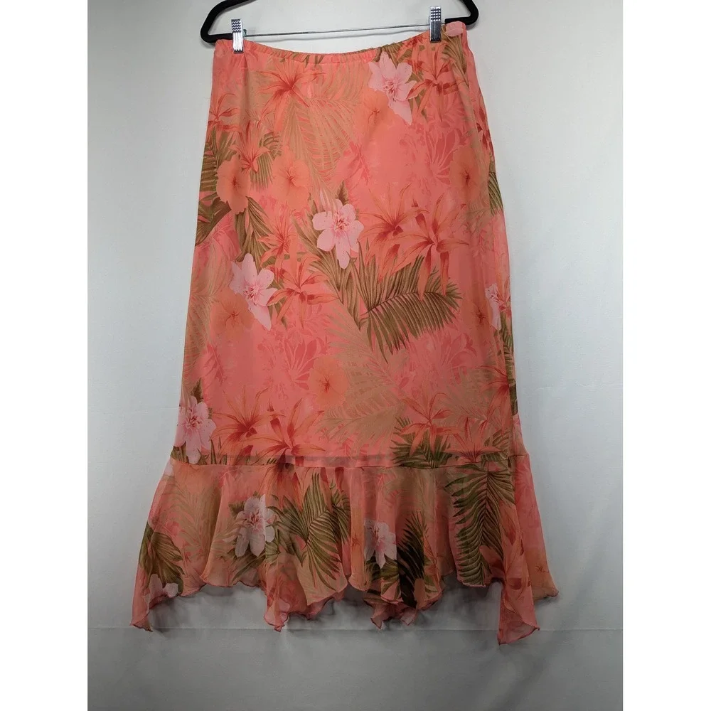 Miss Dorby Vintage Tropical Floral 2 Piece Set Cowl Neck Top Maxi Skirt Coral 12